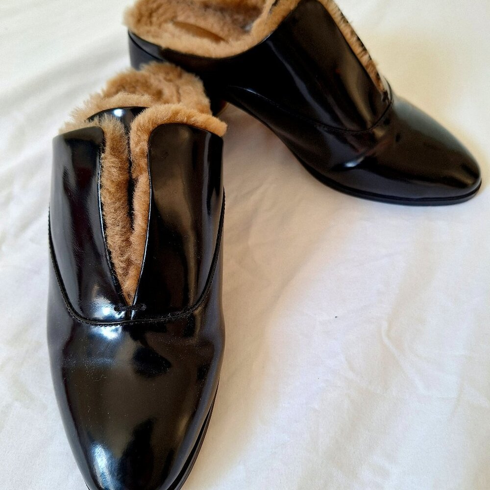 BCBGMaxAzaria Patent-Leather/Faux-Fur Mules